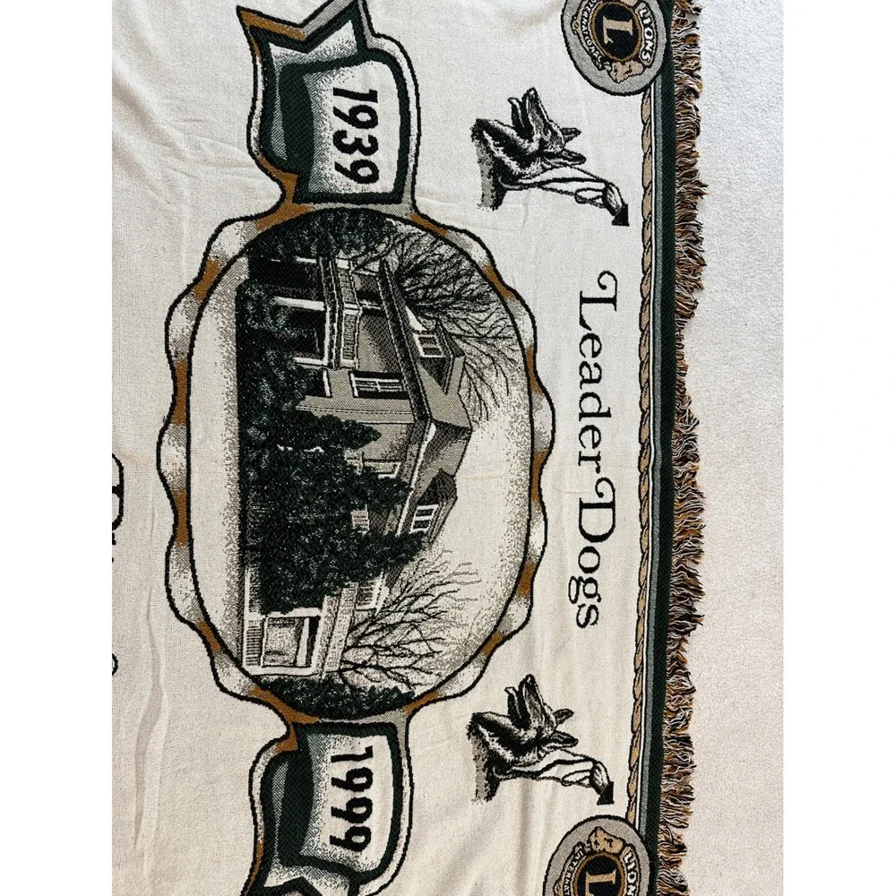 Vtg Leader Dogs for the Blind Lions Club Woven Fringe Throw Blanket 1939-1999